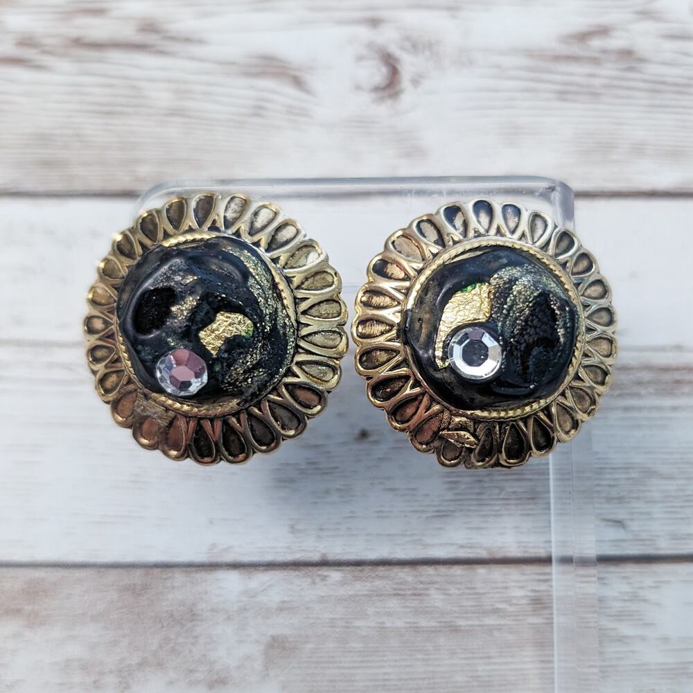 Vintage Clip On Earrings Black and Brass Tones Large